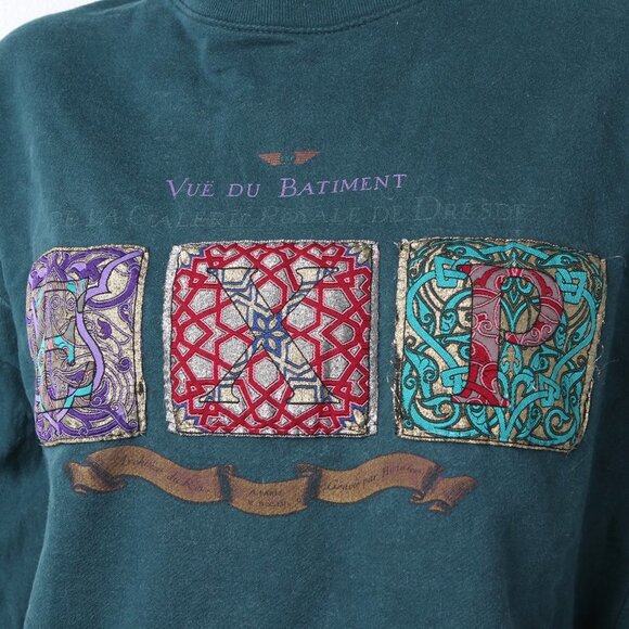 Vintage 90s Green Mock Neck Sweatshirt with Embroidered Tapestry Art 100% Cotton - Picture 8 of 11